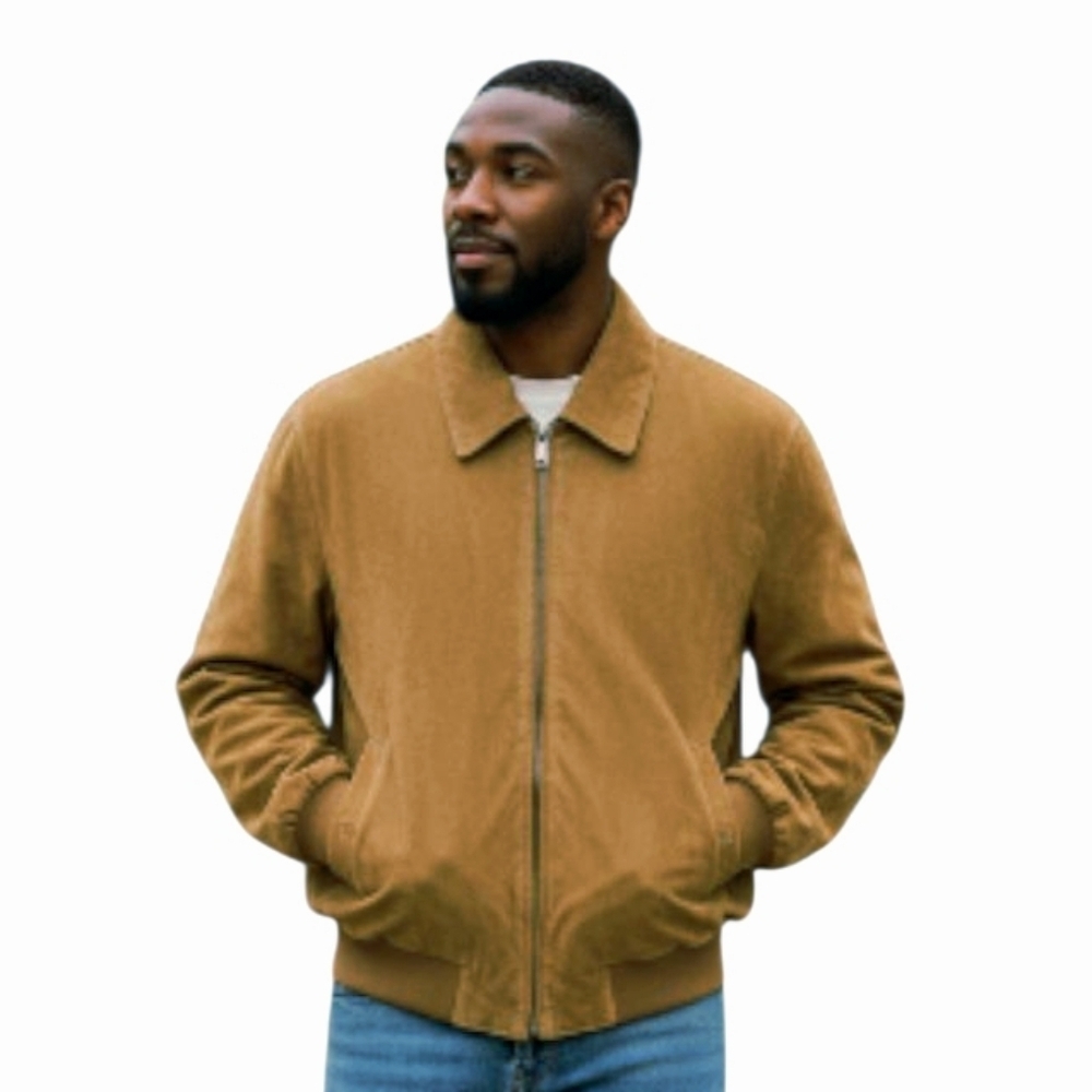 WEATHERPROOF Modern Fit Faux Suede Bomber Jacket. Tan/Light Brown. Large